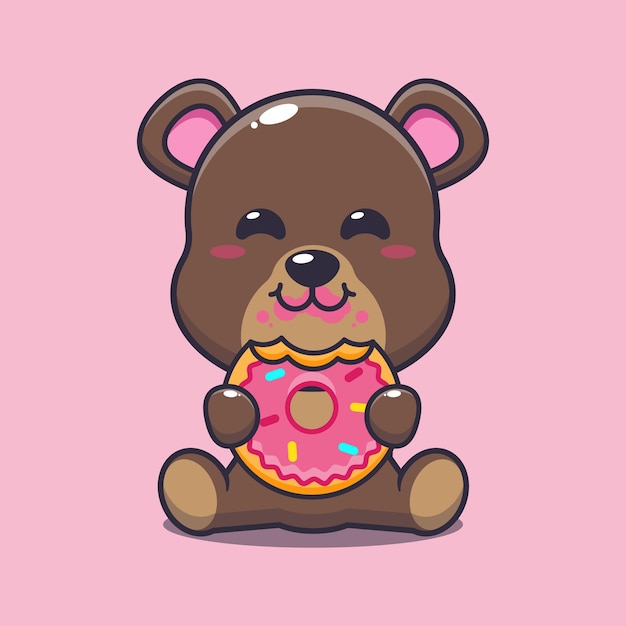 Bär, der Donut-Cartoon-Vektorillustration isst