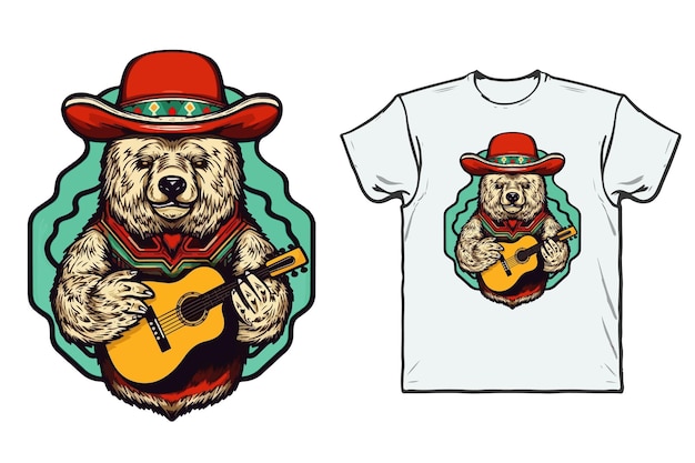 Bär mit mexikanischem hut und gitarre. clip-art-cartoon-charakter-vektorillustration