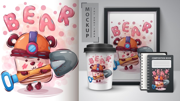 Bär mit Schaufelplakat und Merchandising