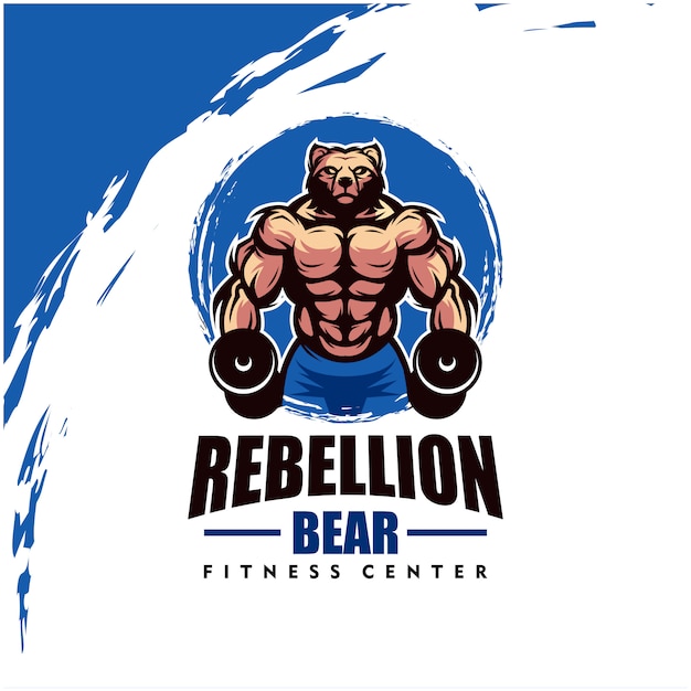 Bär mit starkem körper, fitnessclub oder fitnessstudio-logo. gestaltungselement für firmenlogo, etikett, emblem, bekleidung oder andere waren. skalierbare und bearbeitbare illustration