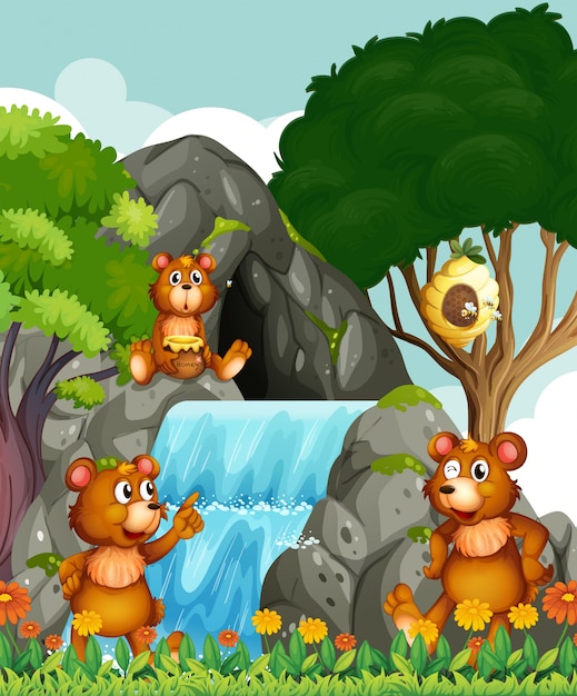 Bären, die sich am Wasserfall entspannen