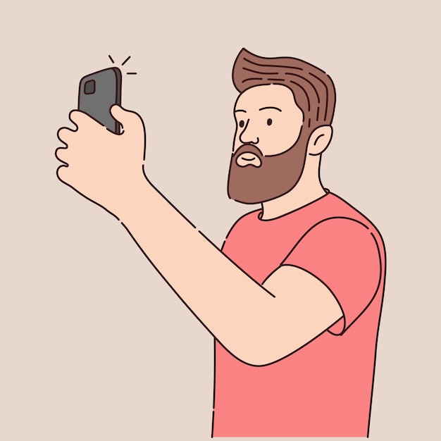 Bärtiger hipster-mann macht selfie-foto auf einem smartphone-telefon vektorillustration