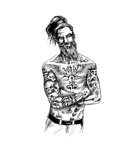 Bärtiger hipster mit tattoos auf seinem körper, t-shirt-design, vektorgrafik