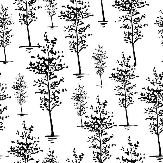 Bäume skizzieren hintergrund. nahtloses vektormuster. handgemalte schwarze bäume auf einem transparenten hintergrund.