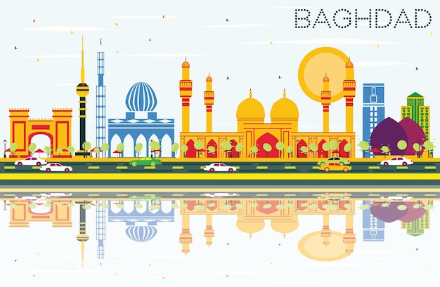 Bagdad skyline mit farbgebäuden, blauem himmel und reflexionen. vektor-illustration. geschäftsreise- und tourismuskonzept mit historischen gebäuden. bild für präsentationsbanner-plakat und website.