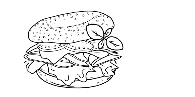 Bagel-sandwich mit schinken, käse, tomate, basilikum und lactuca sativa. linearer stil. handgemalt. gekritzel.