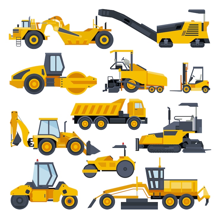 Vektor bagger straßenbau bagger oder bulldozer aushub mit schaufel und aushubmaschinen illustration satz von konstruktiven fahrzeugen und grabmaschine isoliert auf weißem hintergrund