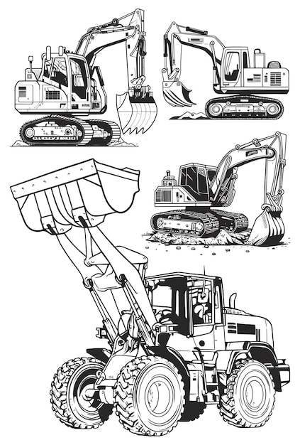 Vektor bagger und ladegerät satz von vektorillustrationen