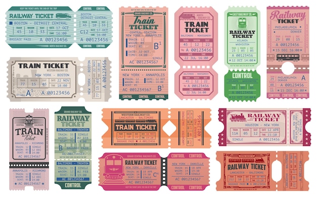 Vektor bahn- und bahn-retro-tickets gibt vektor zu