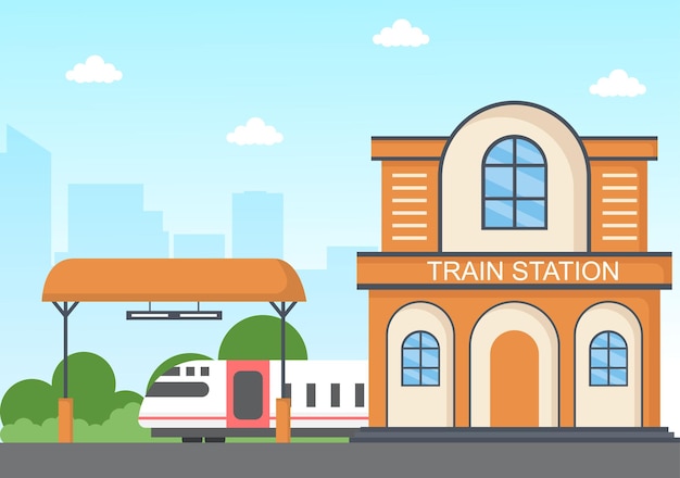 Bahnhofsgebäude mit zugtransport landschaft von zügen und passagieren in illustration