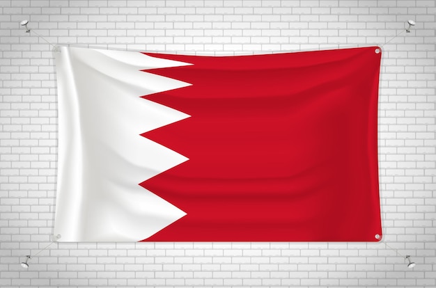 Vektor bahrain-flagge hängt an der ziegelwand. 3d-zeichnung. fahne an der wand befestigt. ordentlich in gruppen zeichnen
