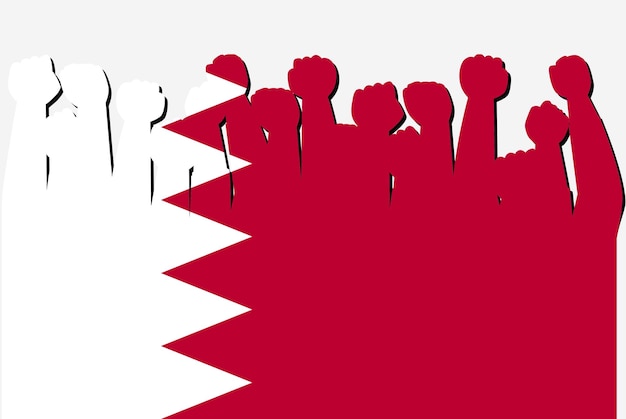 Bahrain-Flagge mit erhobenen Protesthänden Vektor-Logo der Landesflagge Protestierendes Konzept von Bahrain