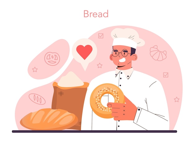 Baker-Konzept. Koch im einheitlichen Brotbacken. Gebäck backen. Bäckereiarbeiter, der Backwaren kocht. Isolierte Vektorillustration