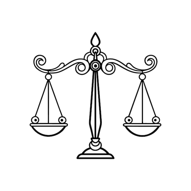Balance-Skala-Illustration Schwarz-Weiß Klassische Linienkunst, die Gerechtigkeit, Recht und Gleichheit symbolisiert