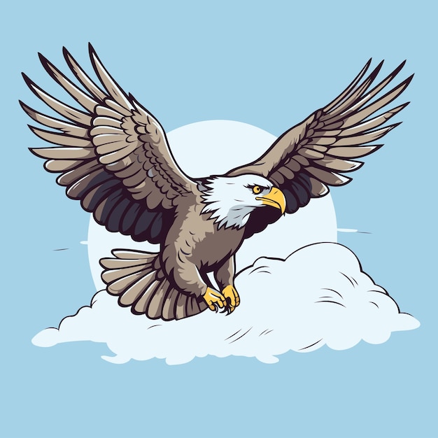 Bald eagle fliegt auf der wolke vektor-illustration im cartoon-stil