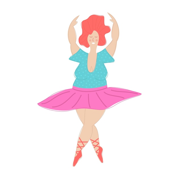 Ballerina in Übergröße in rosa Kleid. Körper positives Konzept. Flache Vektorillustration lokalisiert auf weißem Hintergrund.