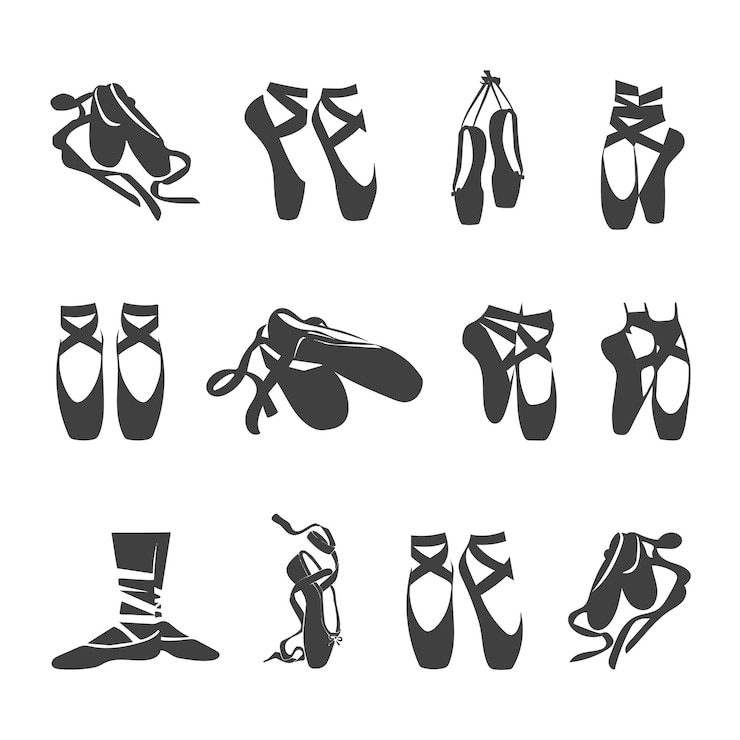 Vektor balletschuhe mit bandschnürsenkeln clipart set silhouette isoliert auf weißem hintergrund