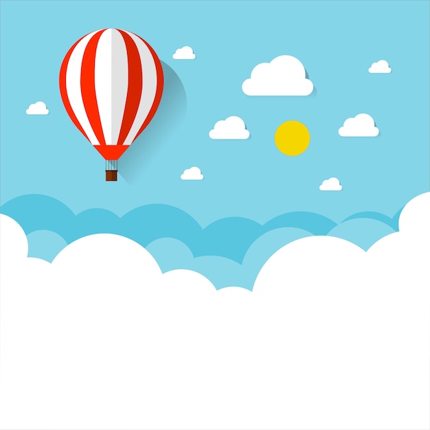 Ballon und wolke im blauen himmel mit flachem design.