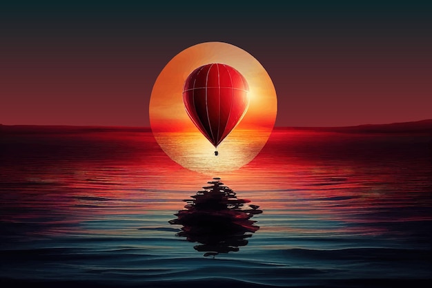 Vektor ballonfliegen bei sonnenuntergang über dem meer. vektor-illustrationsdesign