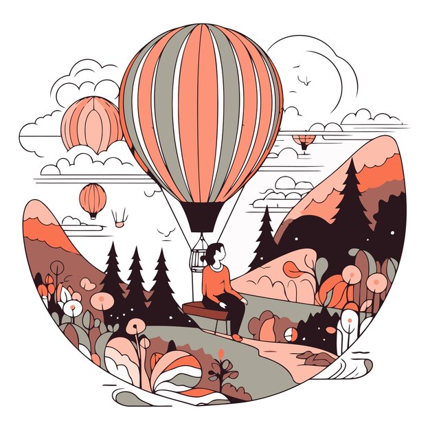 Vektor ballonreise-illustration bergdesign landschaft himmel cartoon-hintergrund menschen grafik natur kunst glückliche person schöne junge outdoor-schönheit frau