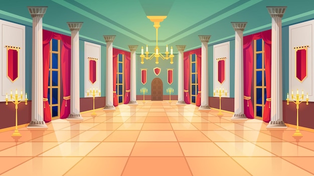 Ballsaal, mittelalterlicher Palastraum, Innenraum des königlichen Schlosses. King Ballsaal mit luxuriösem Interieur, Marmorsäulen und Vorhängen, goldenen Kandelabern und Kerzenlampen