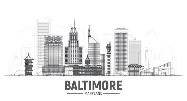 Baltimore maryland line skyline mit silhouette auf weißem hintergrund vektor-illustration geschäftsreise- und tourismuskonzept mit modernen gebäuden