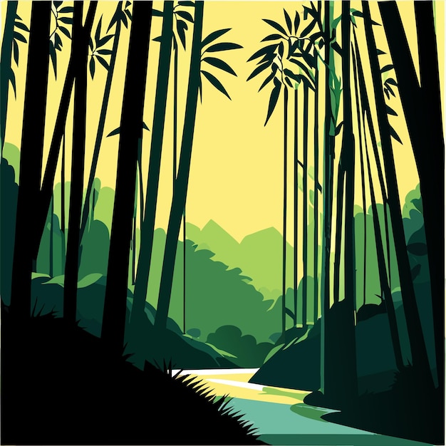 Vektor bambuswaldhintergrund mit flussvektor-illustration