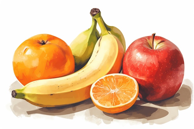 Banane und apfel auf weißem hintergrund, vektorgrafik-illustration, früchte