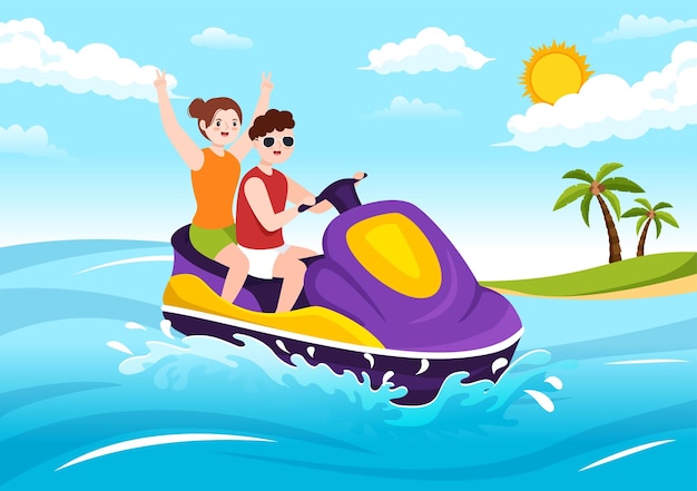 Bananenboot- und jet-ski-urlaub auf dem meer in handgezeichneten illustrationen für strandaktivitäten spielen