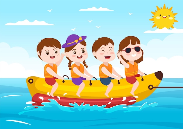 Bananenboot- und jet-ski-urlaub auf dem meer in handgezeichneten illustrationen für strandaktivitäten spielen