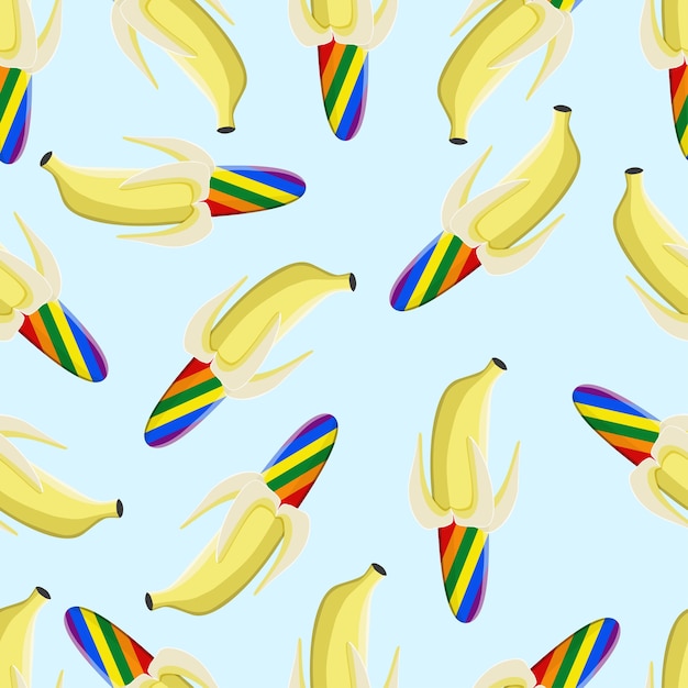 Bananenmuster mit regenbogen-lgbt-farbe auf blauem hintergrund.