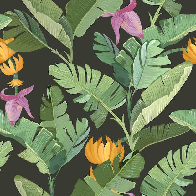 Bananenpalme tropische Blätter, Blumen, Früchte und Zweige nahtlose Muster. Grüner botanischer Hintergrund mit Geschenkpapier oder Textildruck, Regenwald-Tapeten-Ornament-Design. Vektorillustration