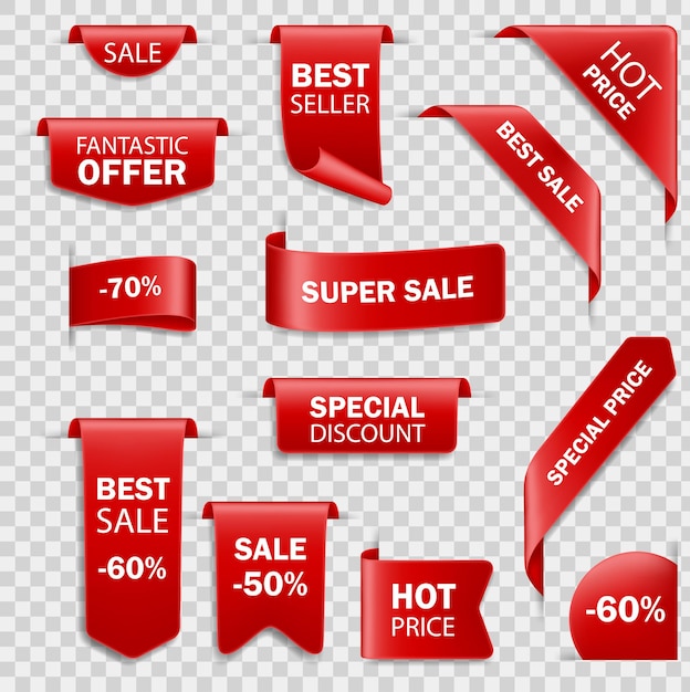 Bandverkaufsabzeichen, Banner, Preisschilder. Tags gesetzt. Verkauf heißes Preisangebot