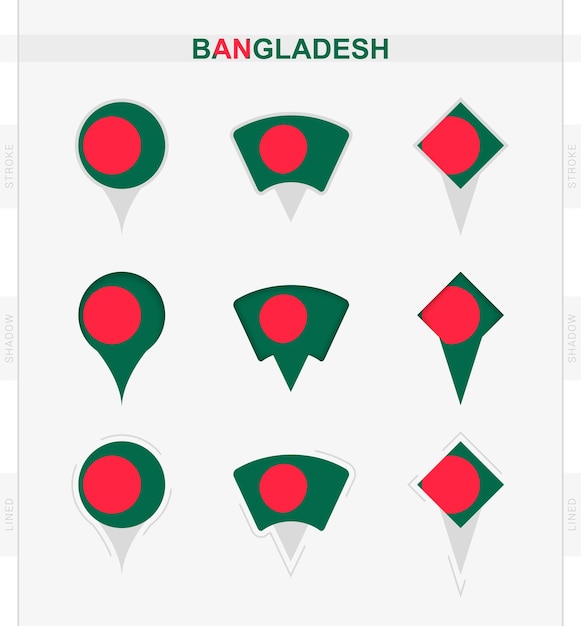 Bangladesch-flagge set von standortstiftsymbolen der bangladesch-flagge