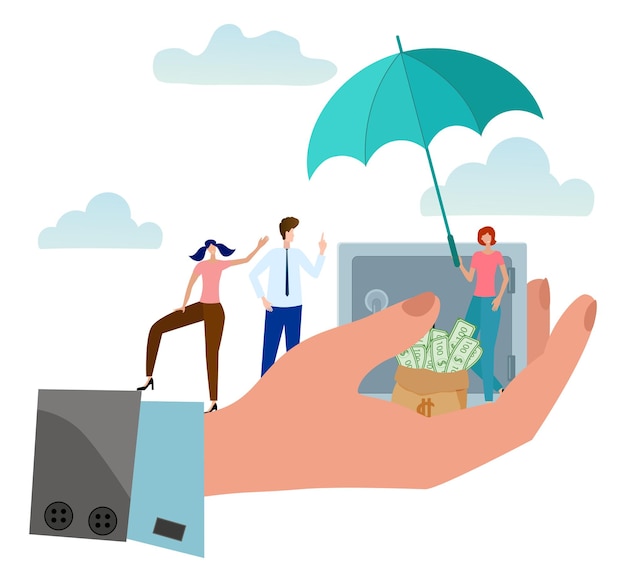Vektor bank einlagensicherung eine bank sichert eine tasche mit geld und menschen mit einem regenschirm