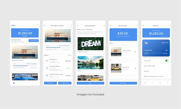 Vektor bank money saving bucket list goals app ui kit