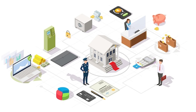 Bank- und finanzdienstleistungsvektor flaches isometrisches flussdiagramm