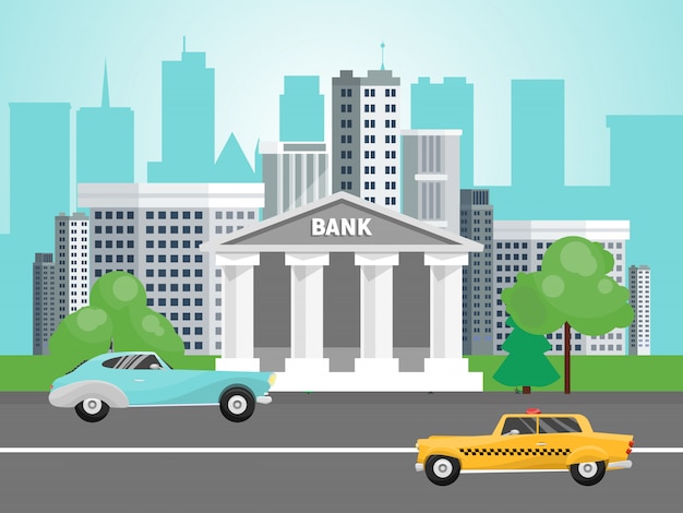 Banken, die auf städtischer Straßenlandschaft aufbauen. Bankgebäude auf Stadtbild. Regierungsarchitekturhaus