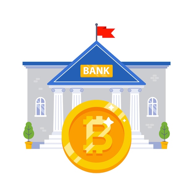 Bankgebäude mit einer großen gold-bitcoin-münze. flache vektorillustration.