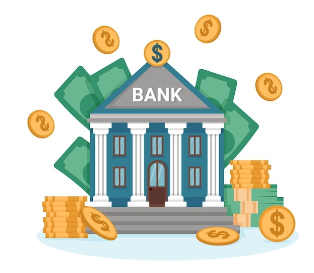 Bankgebäude mit Münzen und Banknoten herum
