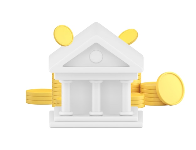 Bankgebäude mit retro-Säule und goldener Bargeldmünze 3D-Ikonen realistische Vektorillustration