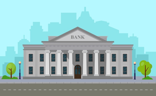 Bankgebäude mit Säulen in Stadtlandschaften und Gebäuden. Fassade der Regierungsinstitution.