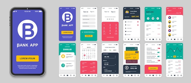 Banking-mobile-app-bildschirme für web-vorlagen festgelegt. paket mit login, sicherem passwort, finanzkonto, kreditkartenverwaltung, anderen mockups, ui ux, gui-benutzeroberflächen-kit für layouts, vektordesign