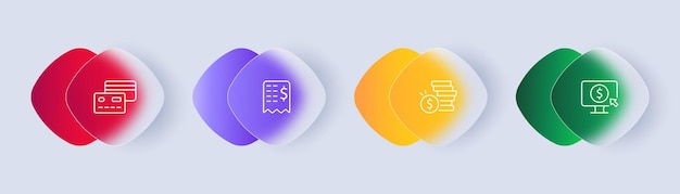 Banking-Set-Symbol Karte Kreditkarte Debit kontaktlose Zahlung Einzahlung Geldautomat Brieftasche Cashback Scheckbericht Taschenrechner Geldkonzept Glasmorphismus-Stil Vektorliniensymbol für Unternehmen