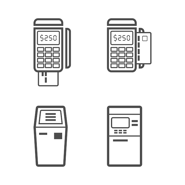 Banking-terminal-linienstil-vektor-icon-set