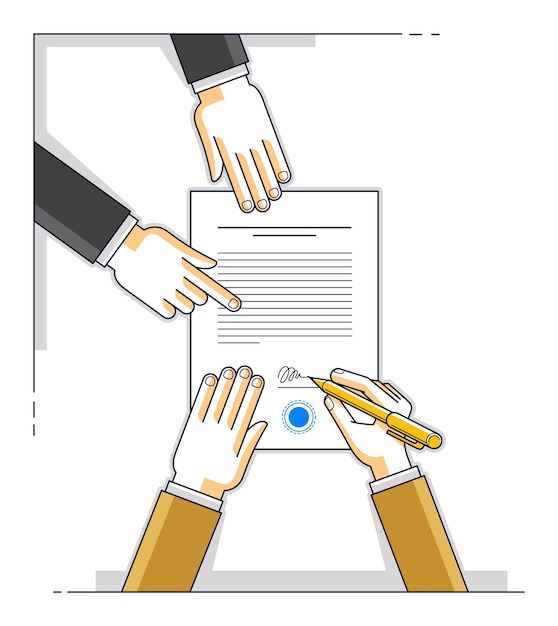 Bankkunde schreibt ein Zeichen auf Finanzform des Geldkredits mit Mitarbeiter hilft ihm und erklärt die Kreditbedingungen oder Geschäftsmann unterzeichnet Vertragspapier, Draufsicht auf Schreibtisch mit Menschenhänden. Vektor.