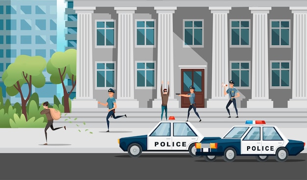 Banküberfall die polizei versucht, die räubervektorillustration auf der modernen stadtlandschaft zu fangen