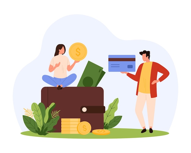 Bankzahlung Einkaufsprämie und Cashback für Kunden und Gehalt von winzigen Menschen