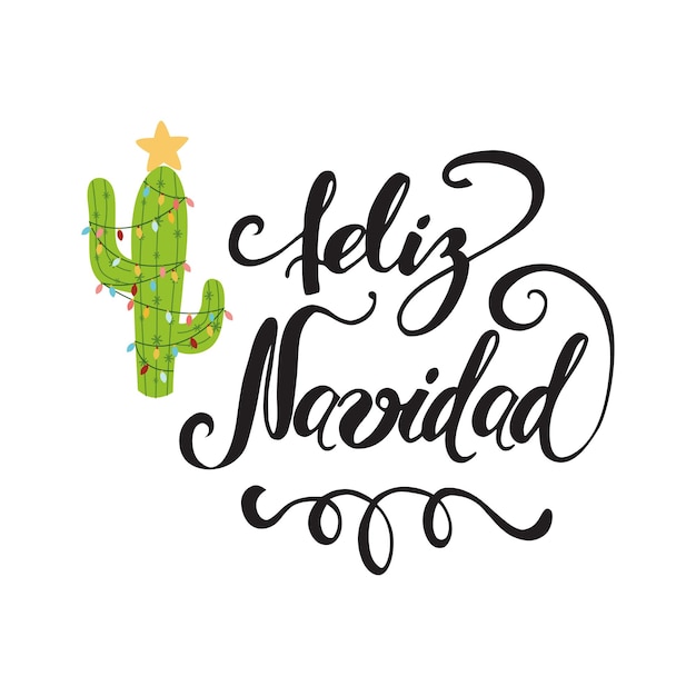 Banner der frohen weihnachten fröhlicher kaktus in einer weihnachtsgirlande niedliches vektor-grußkartendrucketikett posterschild titel in spanischer vektorillustration handgezeichnetes mexikanisches design handbeschriftung