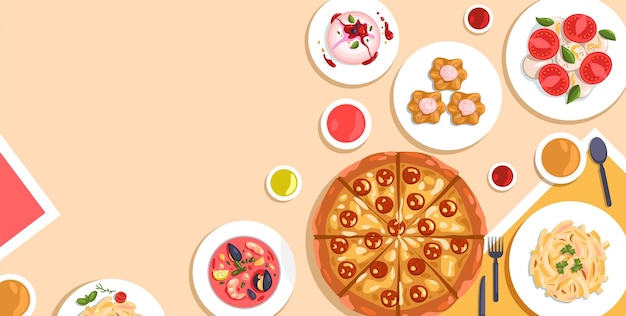Banner der italienischen Küche, mediterrane Naturkostprodukte, Olivenöl, Pizza, italienisches Lebensmitteletikettendesign für traditionelles Restaurant, Vektorhintergrund